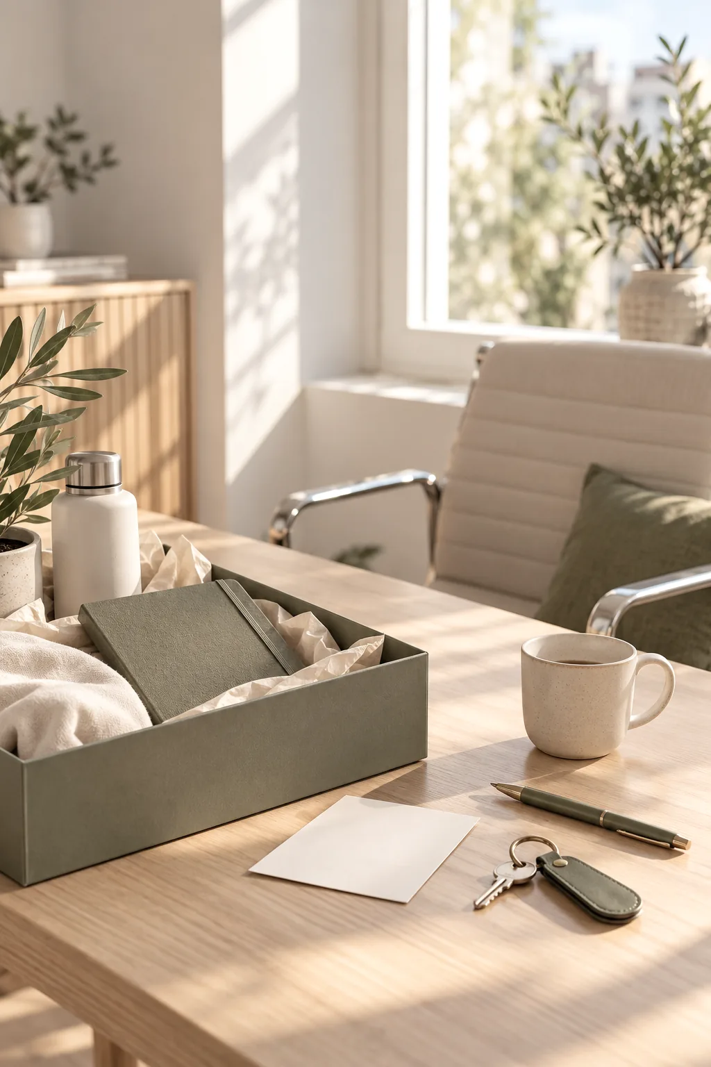 Kit de bienvenue d'un nouveau salarié posé sur un bureau en chêne près d'une fenêtre